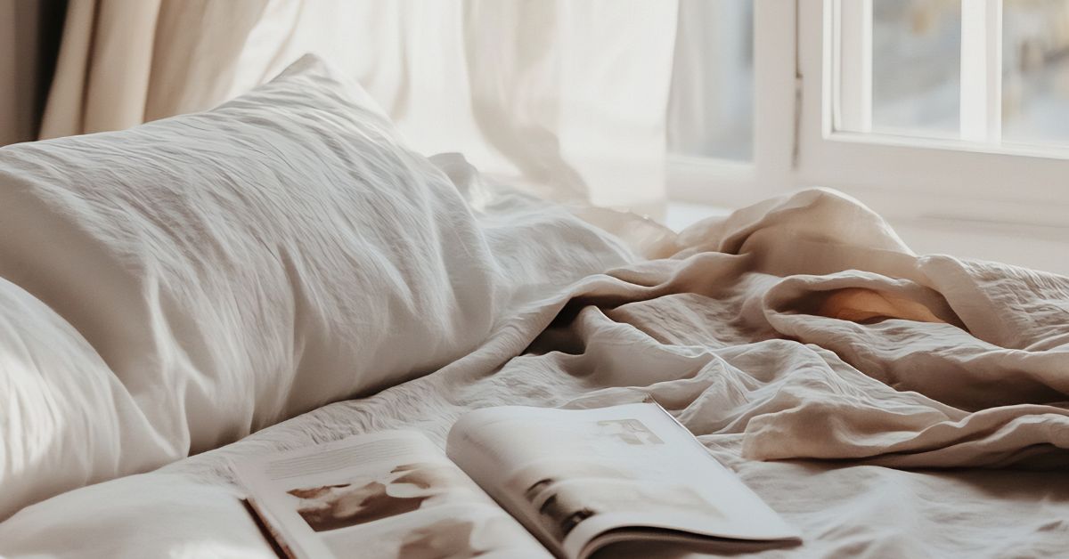 Peaceful unmade bed with soft morning light and open book – representing natural sleep support for women
