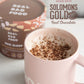 Mug of Real Rad Food Rad Sleep sleepy hot chocolate made with Solomon’s Gold real chocolate beside a Rad Sleep botanical supplement tin