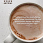 Customer review graphic for Real Rad Food Rad Sleep sleepy hot chocolate featuring a mug of hot chocolate and testimonial about improved deep sleep and sleep consistency