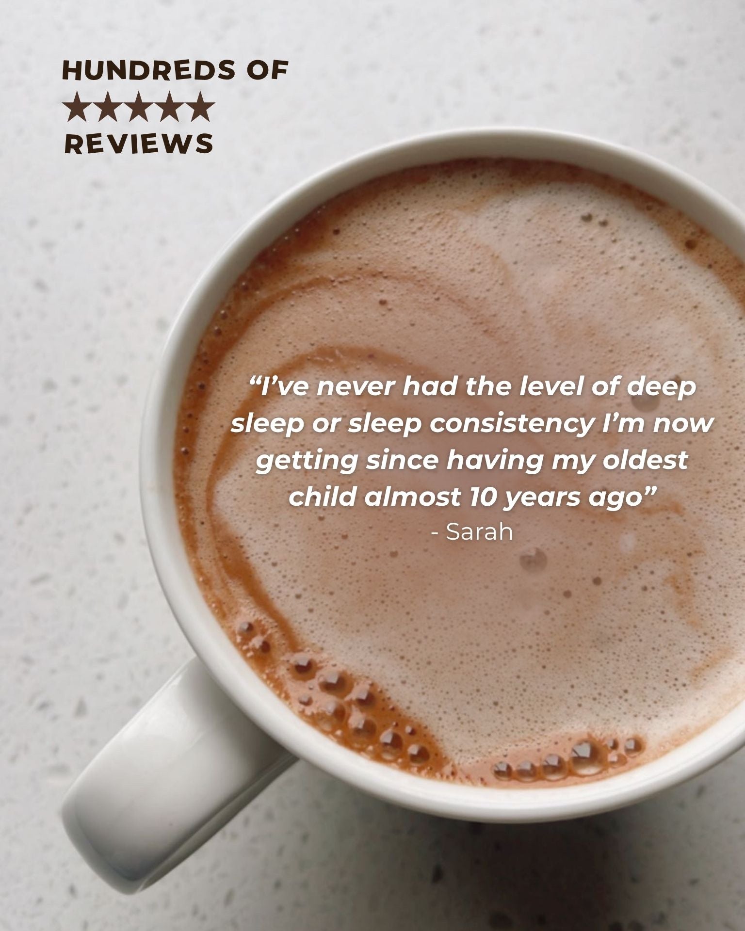Customer review graphic for Real Rad Food Rad Sleep sleepy hot chocolate featuring a mug of hot chocolate and testimonial about improved deep sleep and sleep consistency