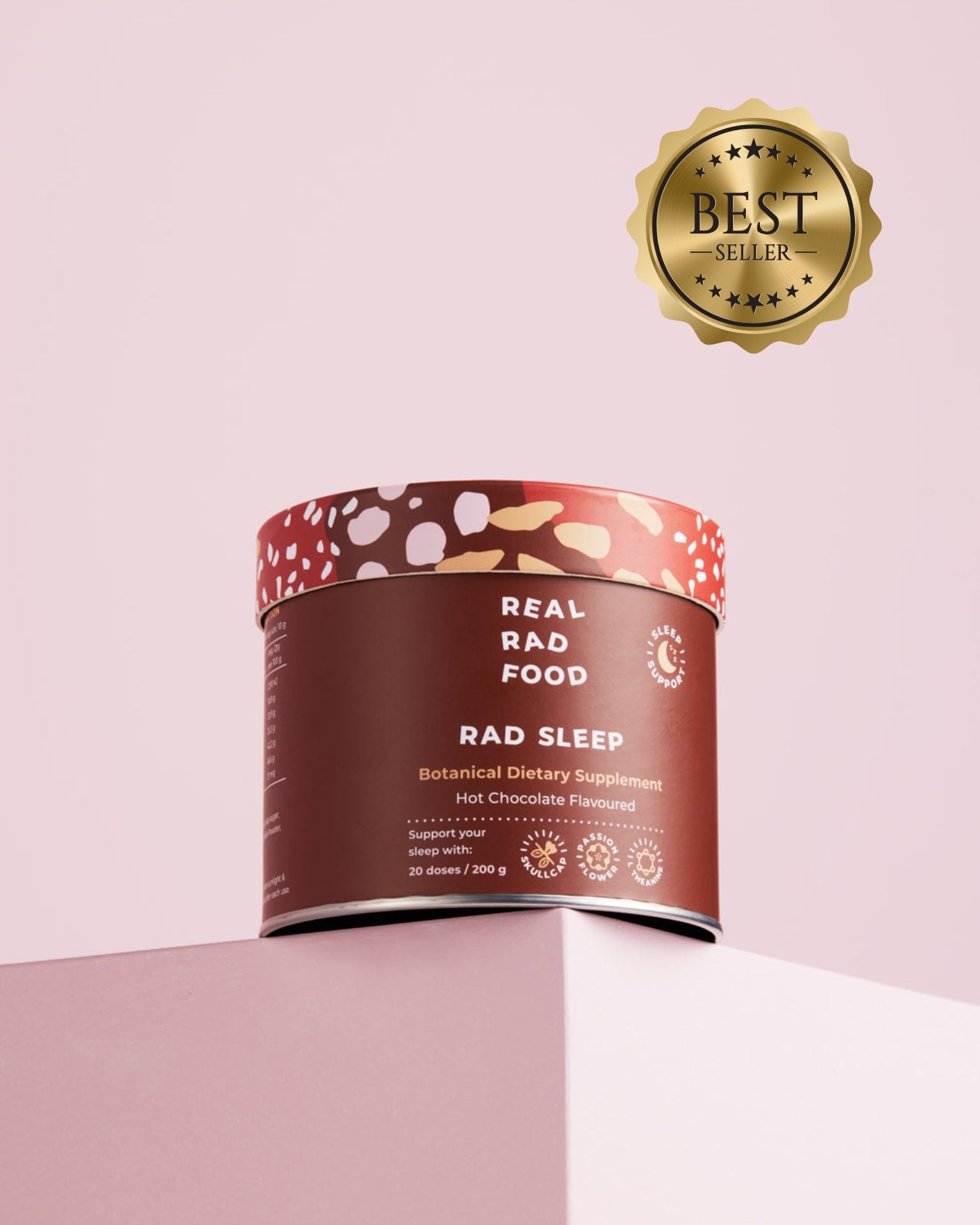 Tin of Real Rad Food Rad Sleep sleepy hot chocolate botanical supplement with bestseller badge, designed to support relaxation and better sleep